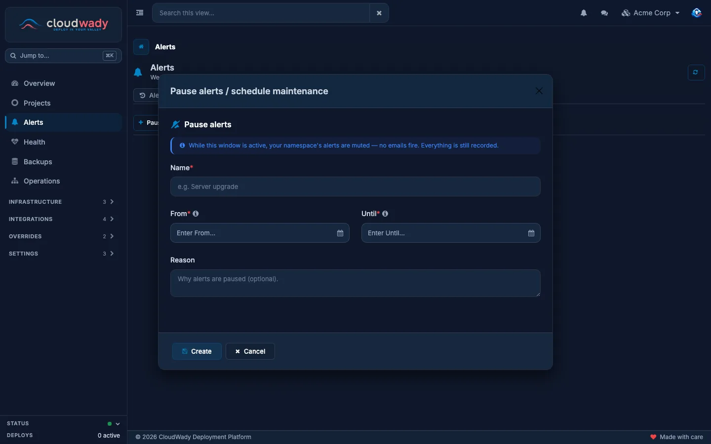 The Pause alerts dialog with Name, From, Until and Reason fields