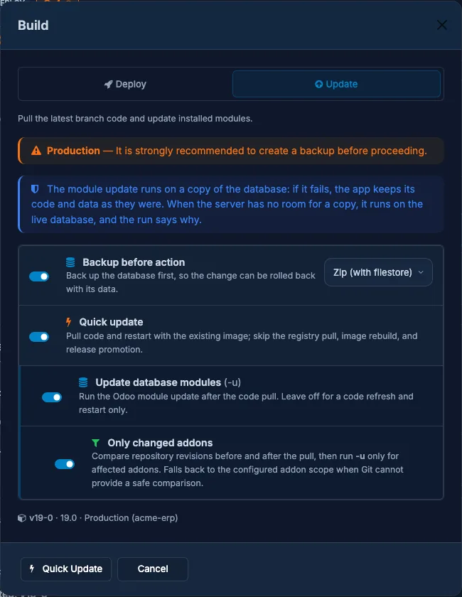 The Build dialog with Quick update and its module options turned on