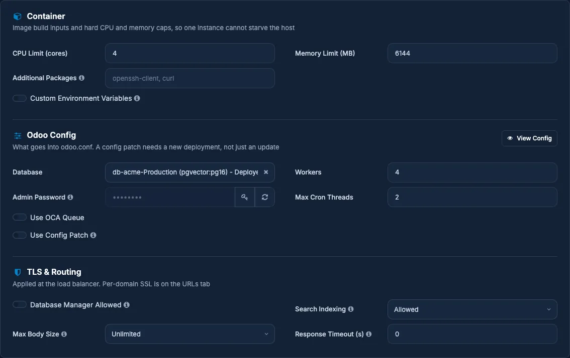 The Configs tab: Container, Odoo Config, and TLS and Routing