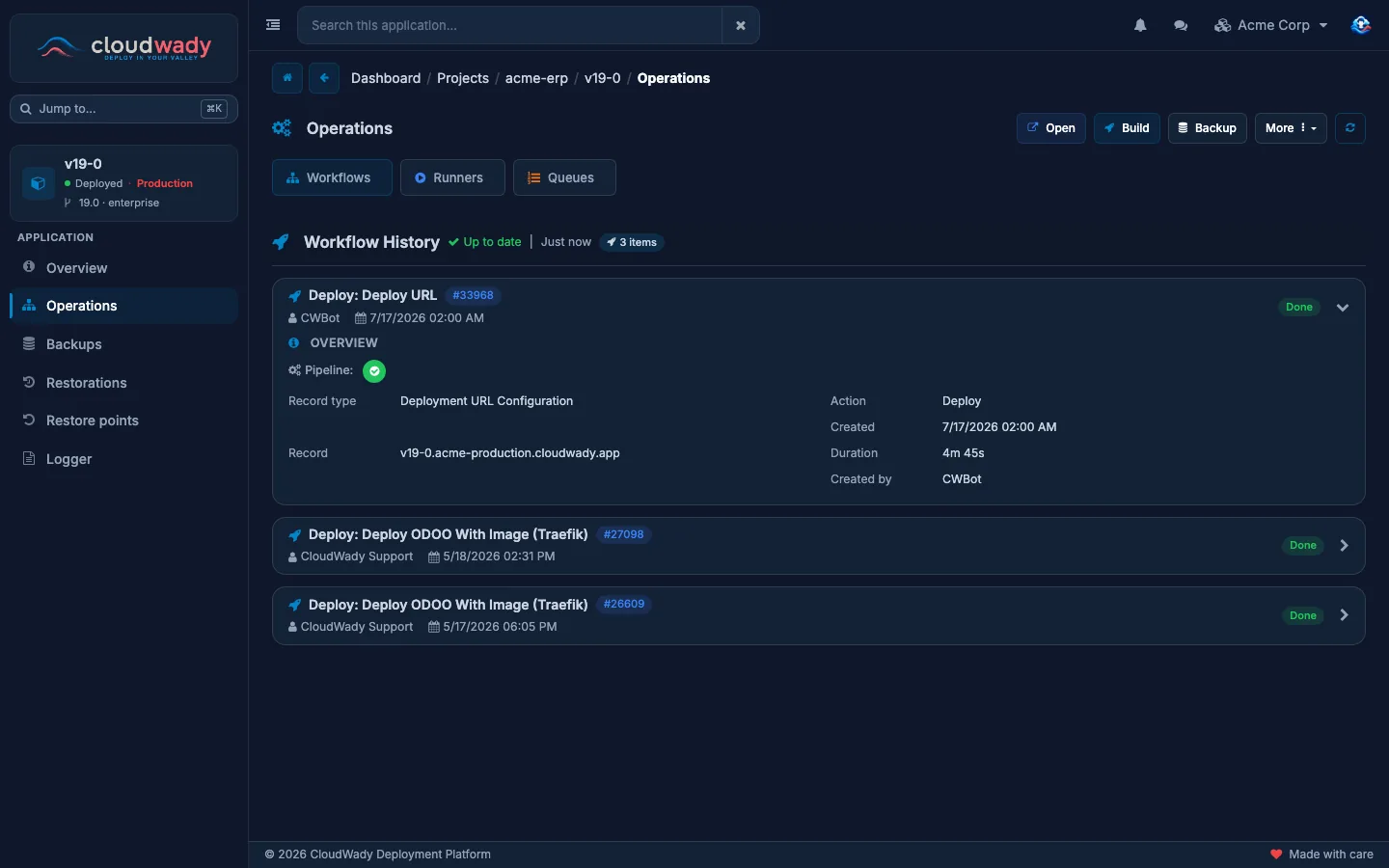 The Operations menu of an app, on its Workflows tab