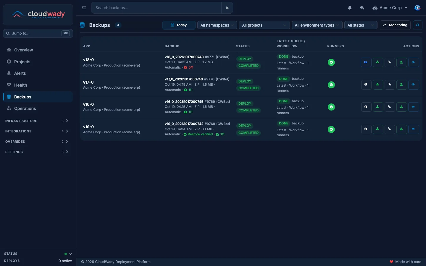 The sidebar Backups list with filters and the latest backup of each app