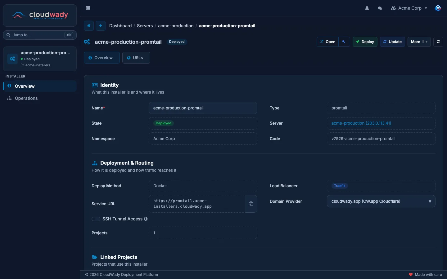 An installer's Overview with its identity and routing