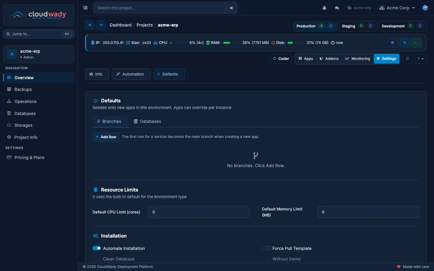 Environment settings on the Defaults tab: branches per version, resource limits and installation options