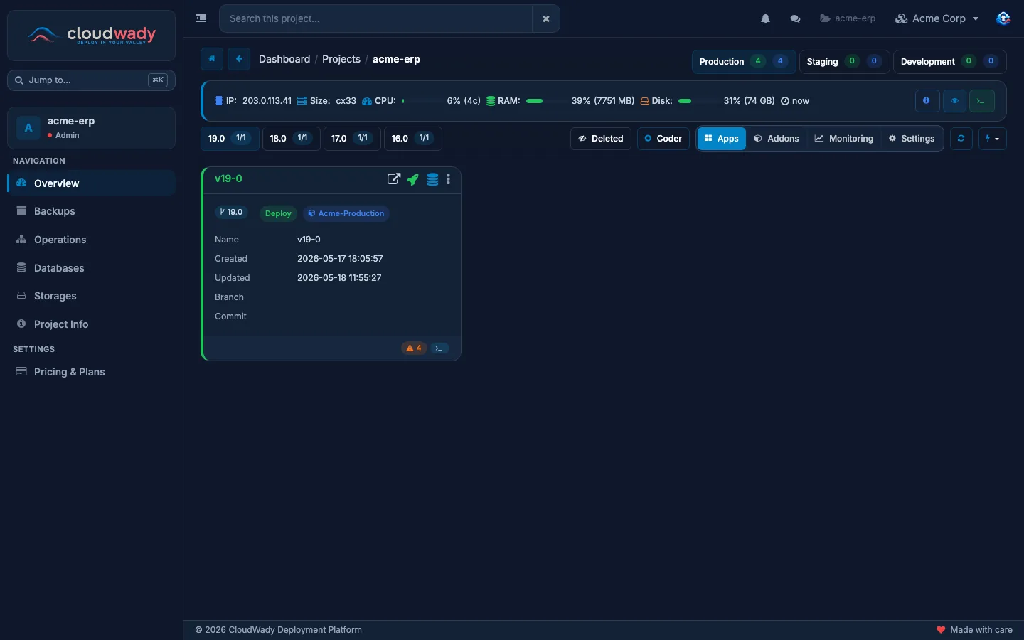 A project screen: the environment buttons, the server strip, the version tabs, the toolbar and an app card