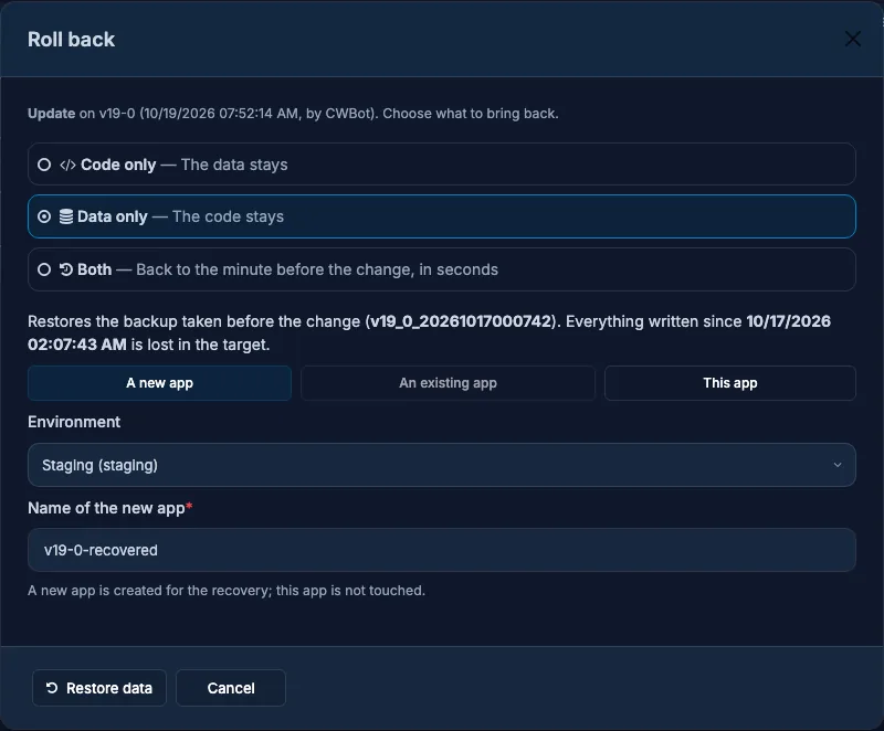 The Roll back dialog with Data only selected and its three targets