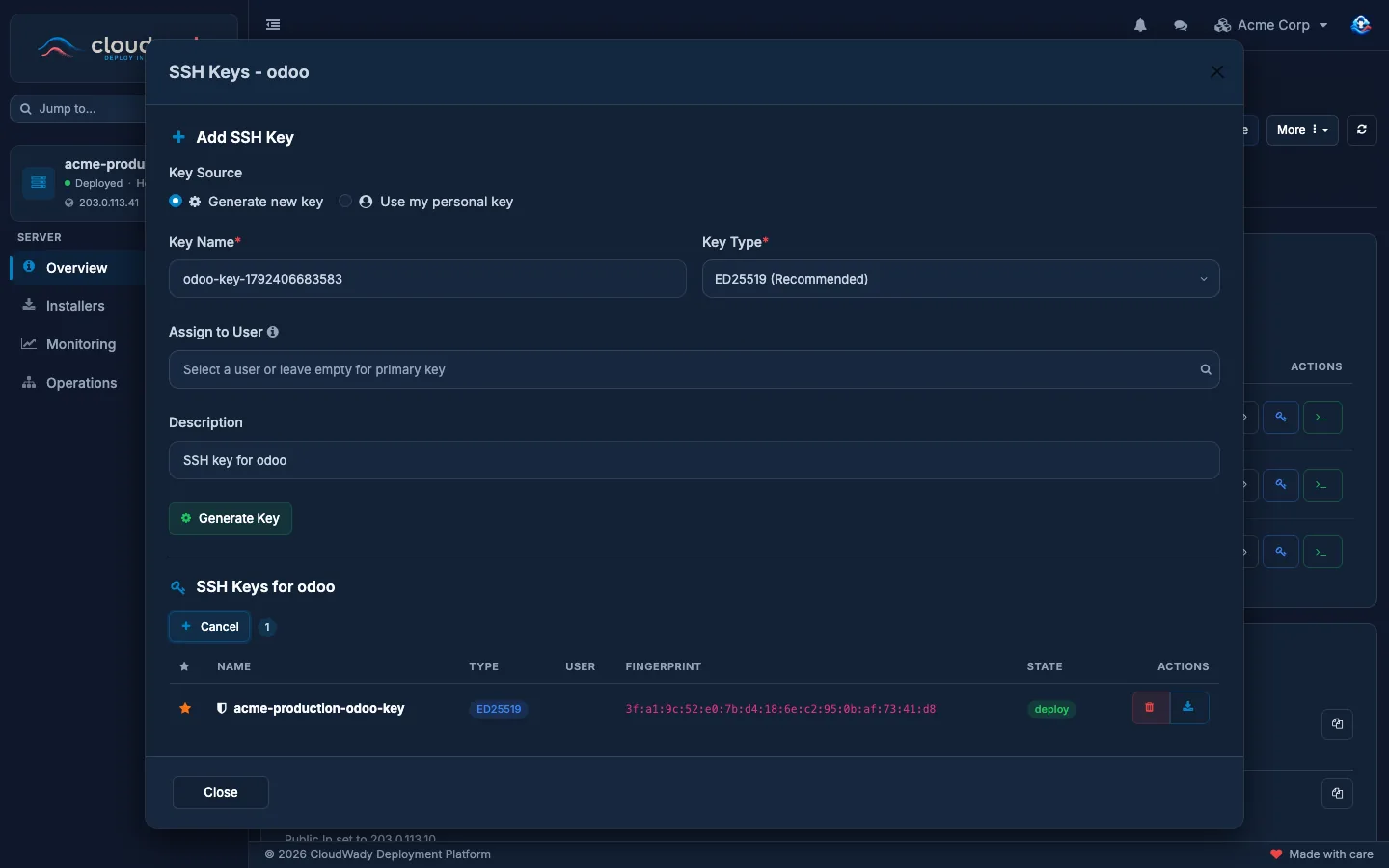 A server user's SSH keys with the Add SSH Key key-source choice