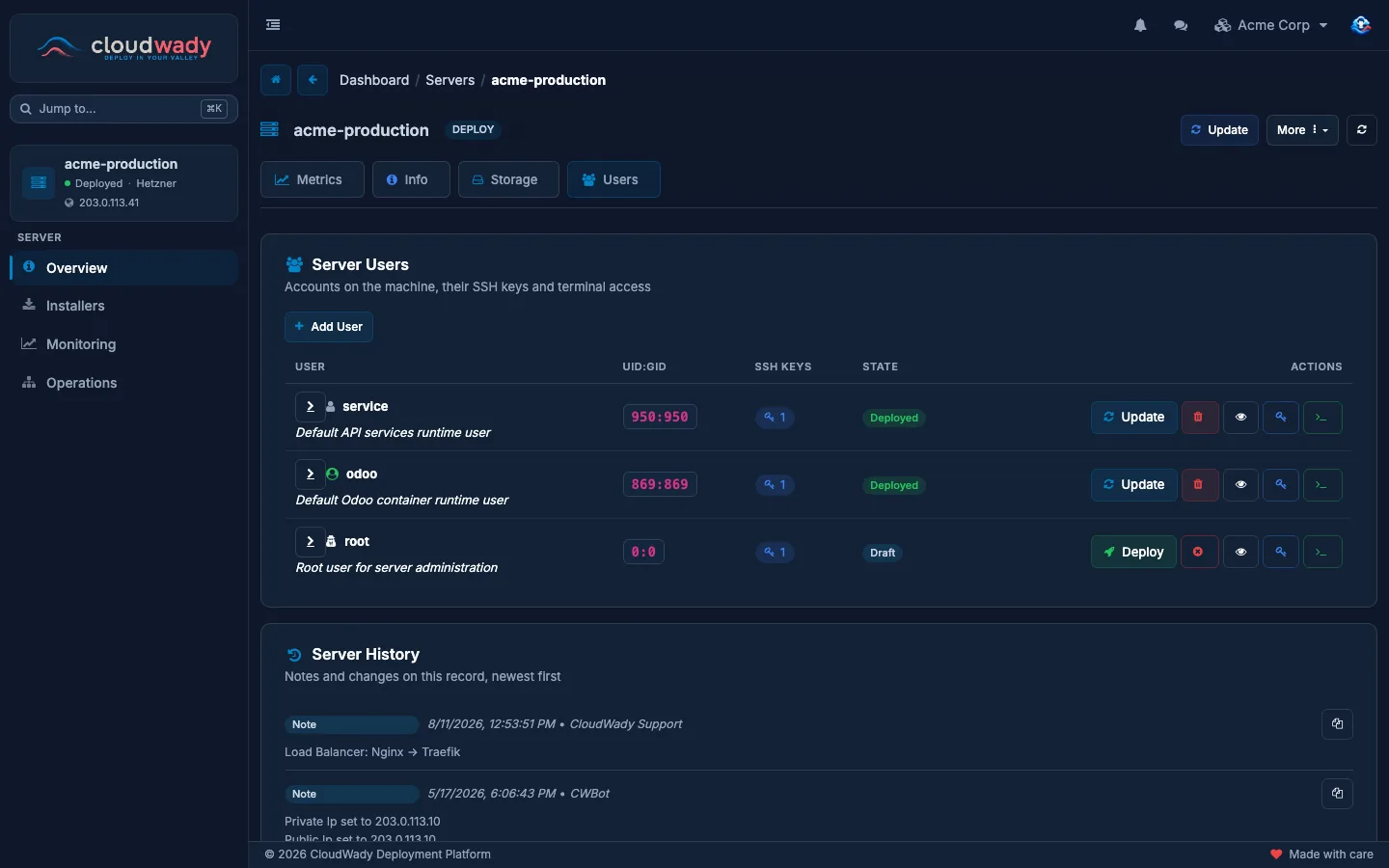 A server's Users tab with its server users, their SSH keys and actions