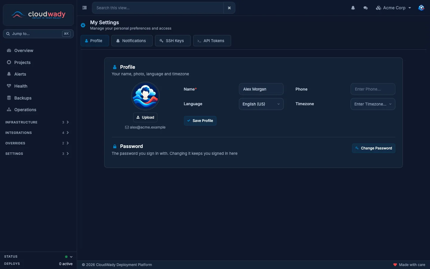 My Settings, Profile tab, with the Notifications, SSH Keys and API Tokens tabs