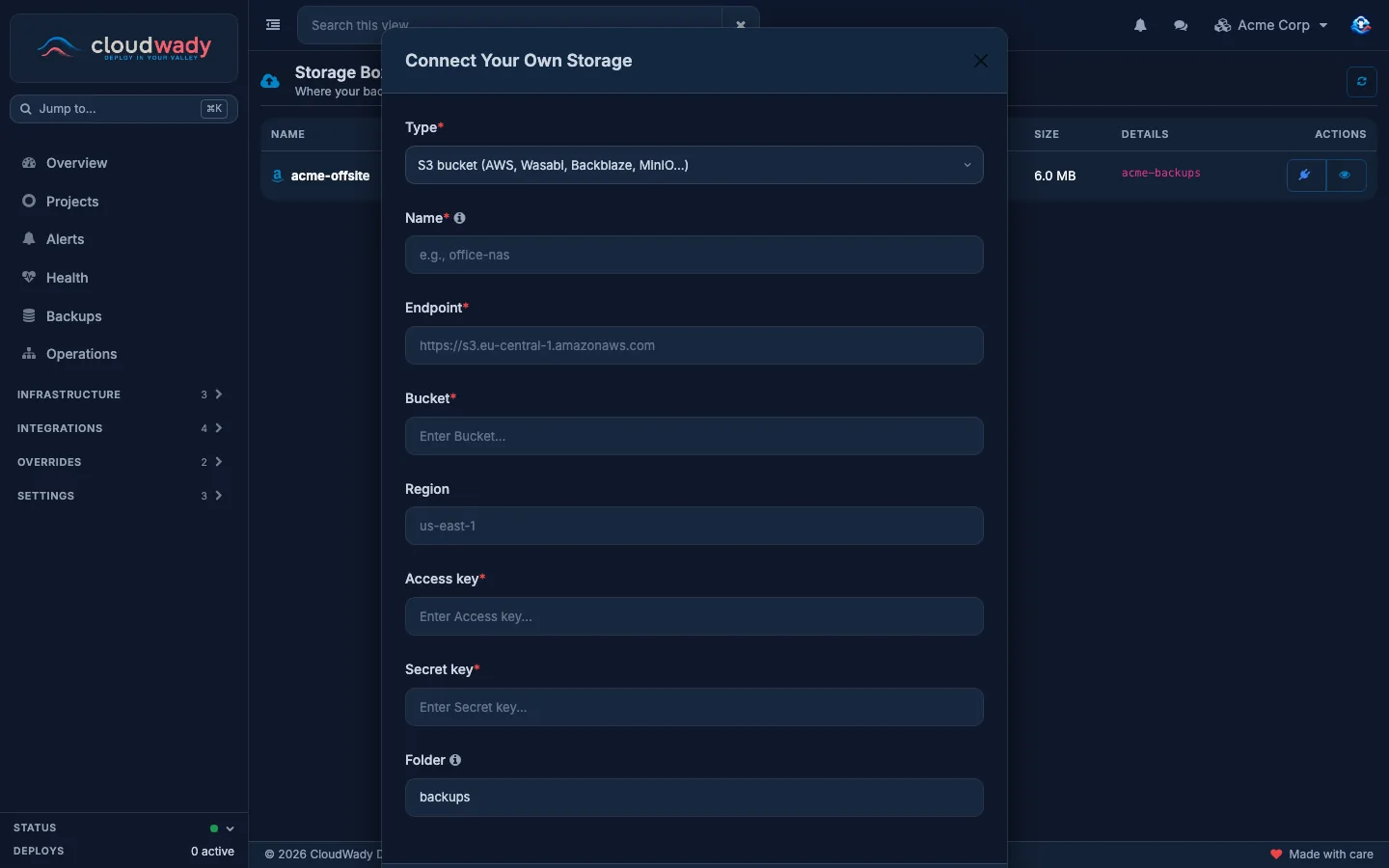 The Connect Your Own Storage dialog