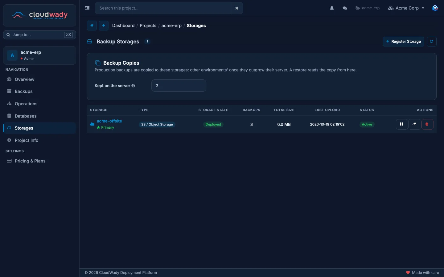 A project's Backup Storages with one primary S3 storage registered