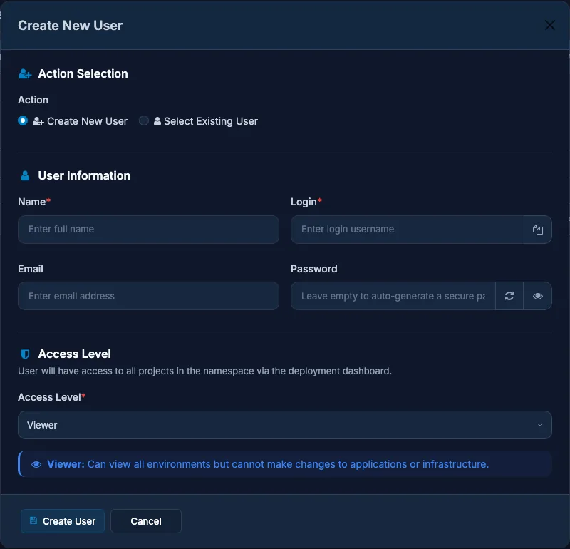 The add member dialog with name, login, email, password and access level