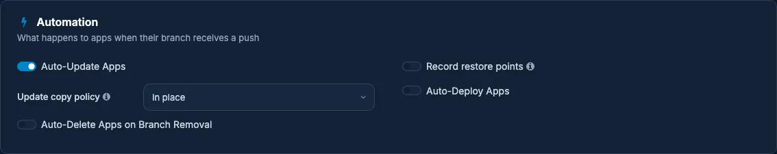 A staging environment's Automation settings with its update copy policy
