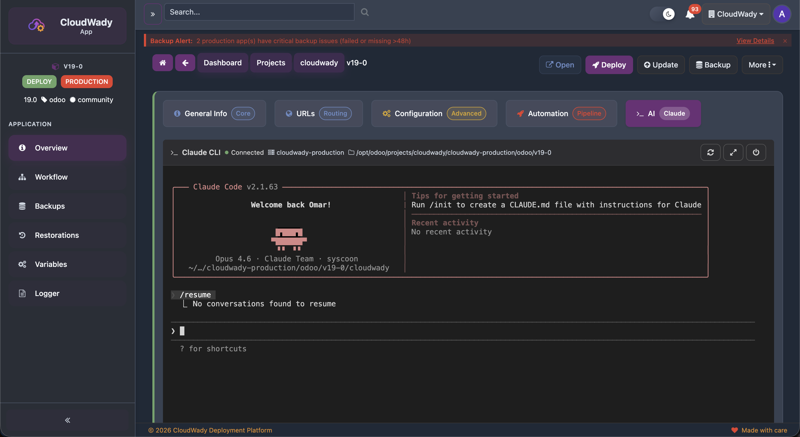 CloudWady Application Screen