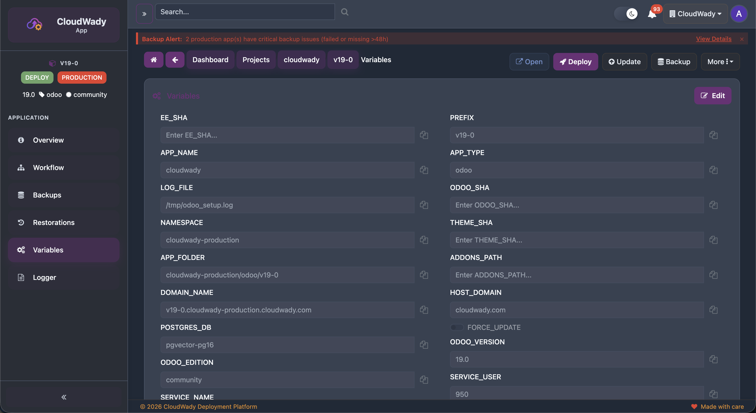App Variables Screen