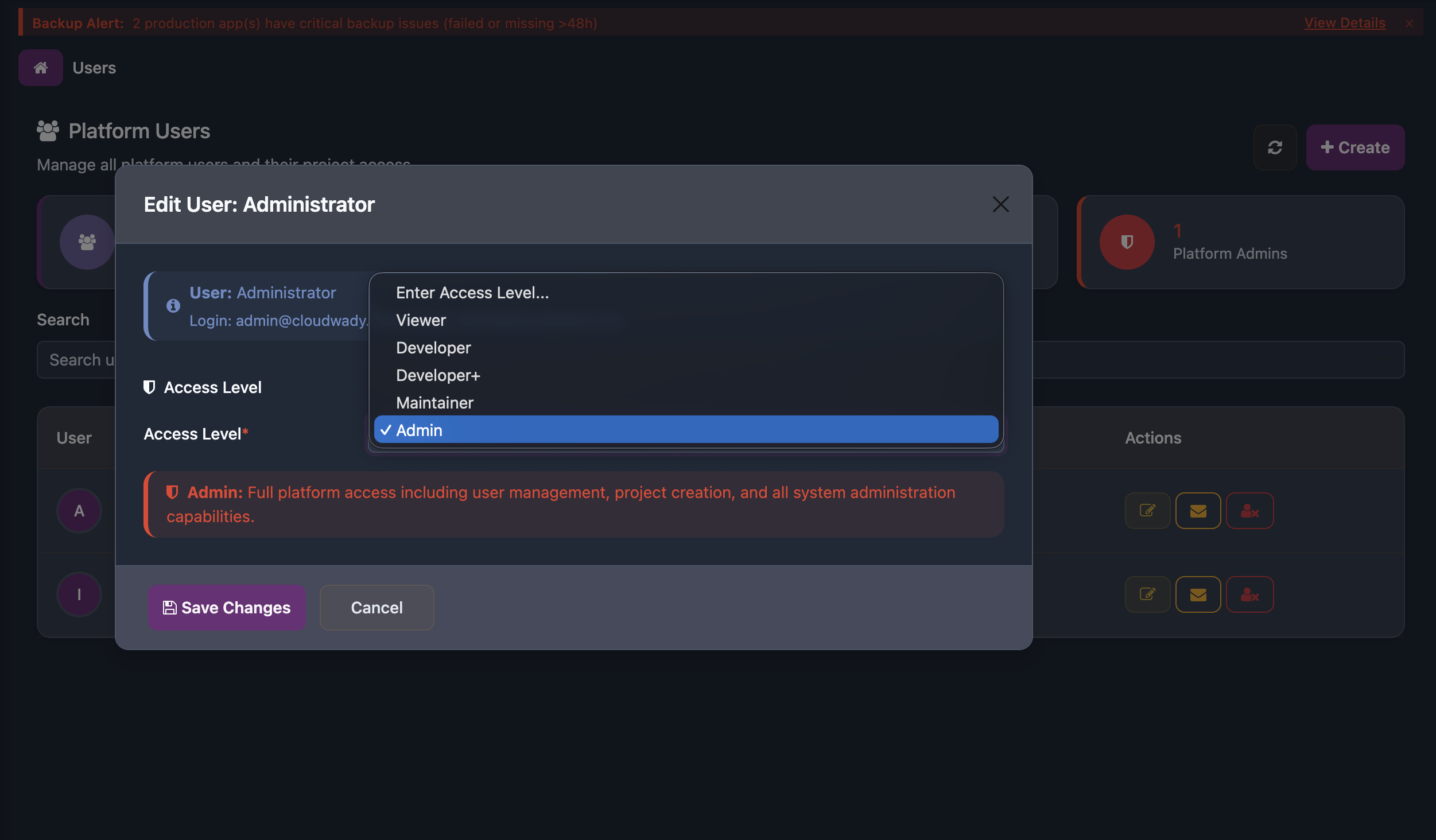 Edit User Access Level